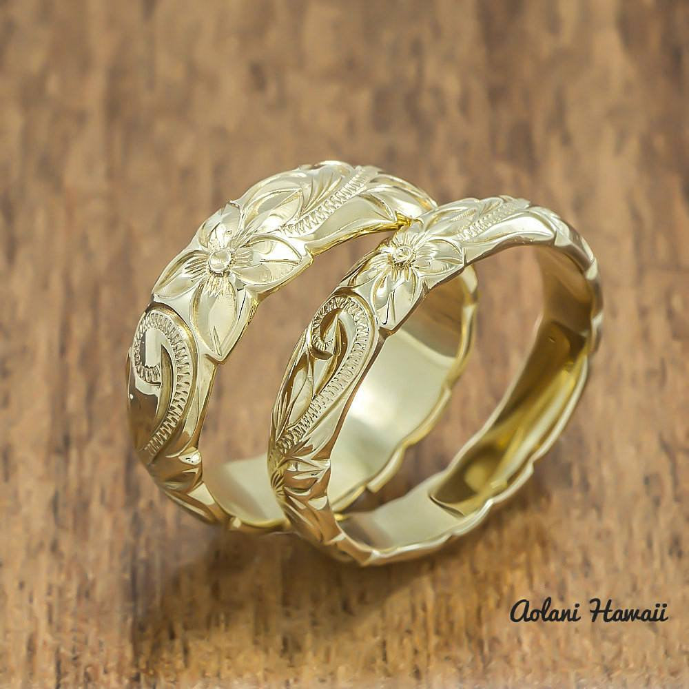 Gold wedding Ring Set of Traditional Hawaiian Hand Engraved 14k Yellow Gold Barrel Rings (4mm & 6mm width) - Aolani Hawaii - 1