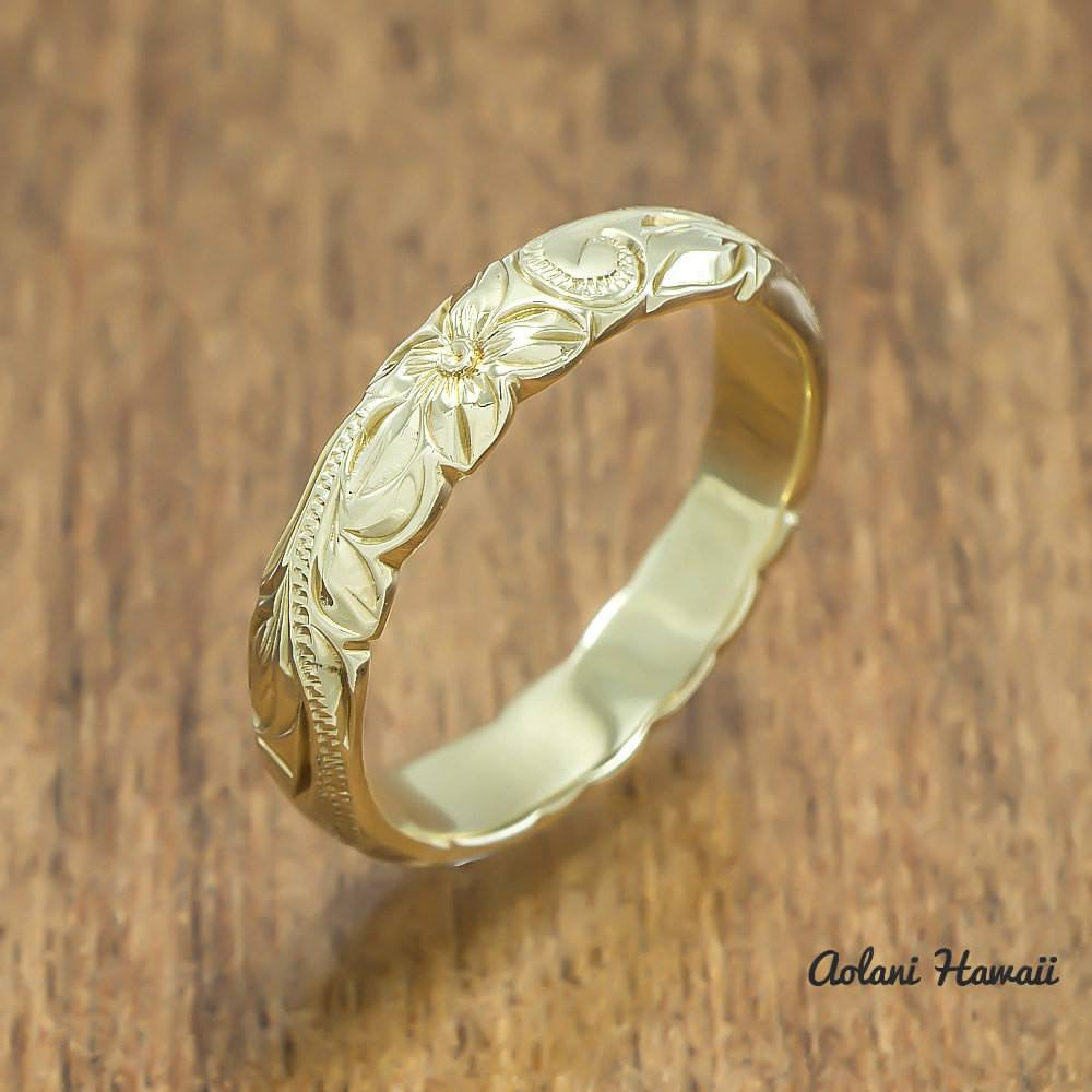 Gold wedding Ring Set of Traditional Hawaiian Hand Engraved 14k Yellow Gold Barrel Rings (4mm & 6mm width) - Aolani Hawaii - 3