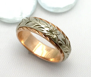Traditional Hawaiian Hand Engraved 14k Two Tone Gold Ring 6mm x 4mm (Barrel style) - Aolani Hawaii - 1