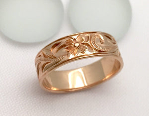 Traditional Hawaiian Hand Engraved 14k Gold Ring (6mm width, Flat Style) - Aolani Hawaii - 2