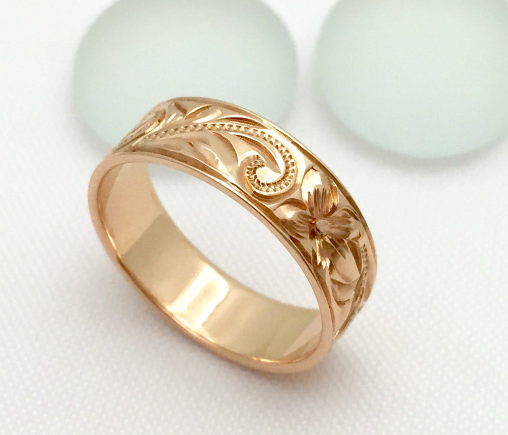 Traditional Hawaiian Hand Engraved 14k Gold Ring (6mm width, Flat Style) - Aolani Hawaii - 3