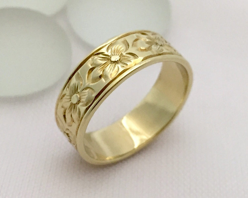 Traditional Hawaiian Hand Engraved 14K Gold (6mm Width Flat Ring) - Aolani Hawaii - 1