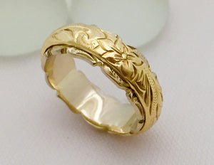 Traditional Hawaiian Hand Engraved 14k Two Tone Gold Ring (Barrel style) - Aolani Hawaii - 4