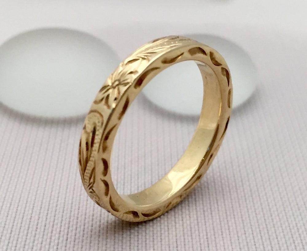 Traditional Hawaiian Hand Engraved 14K Gold Ring 3mm Width 2mm Thick Flat Style - Aolani Hawaii - 2