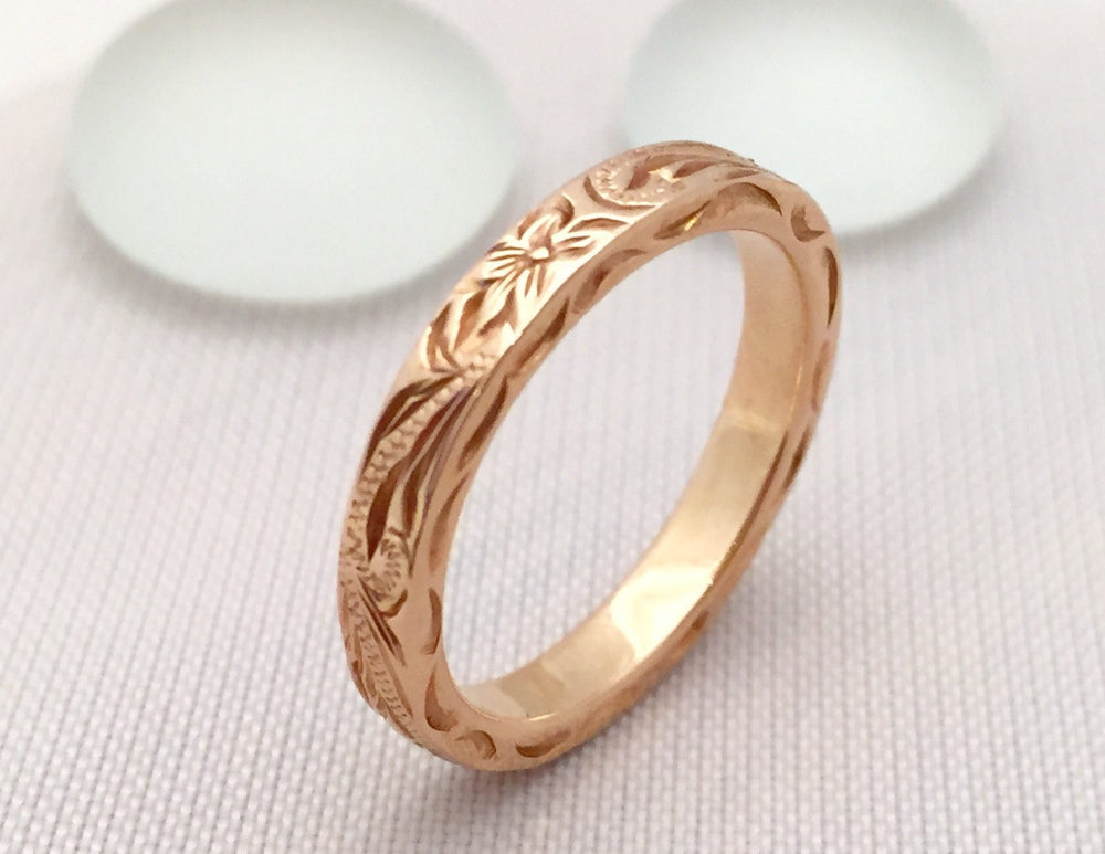 Traditional Hawaiian Hand Engraved 14K Gold Ring 3mm Width 2mm Thick Flat Style - Aolani Hawaii - 1