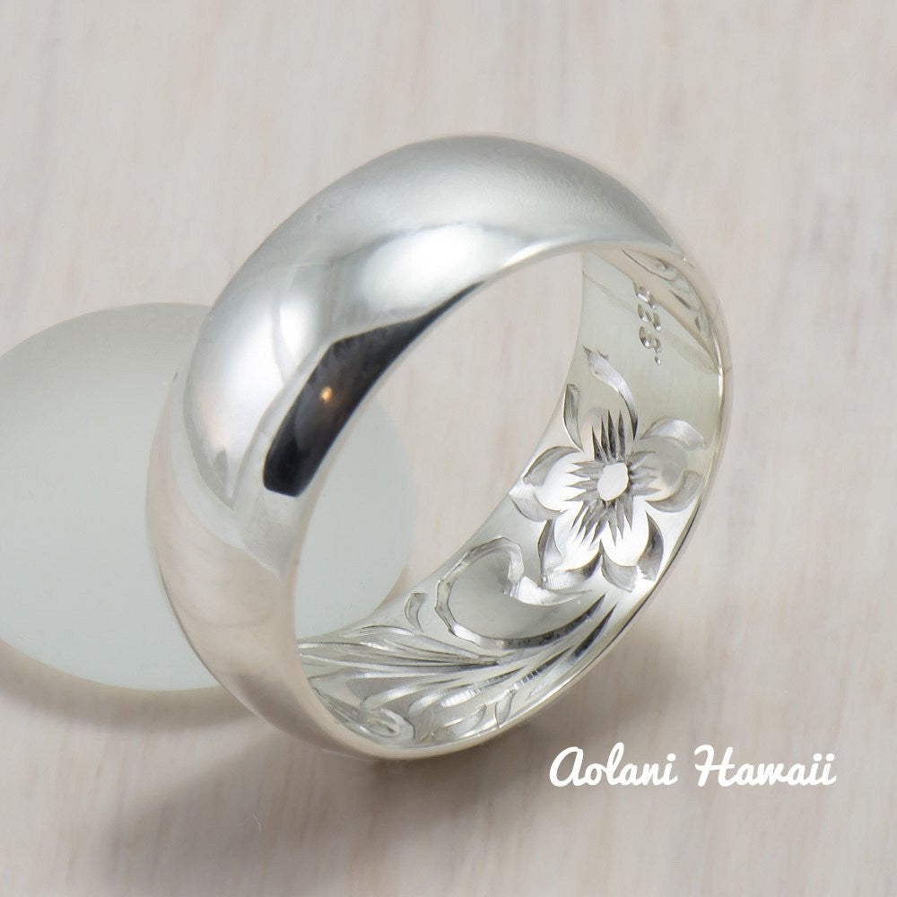 Set of Traditional Hawaiian Hand Engraved Sterling Silver Barrel Rings (6mm & 8mm width) - Aolani Hawaii - 1