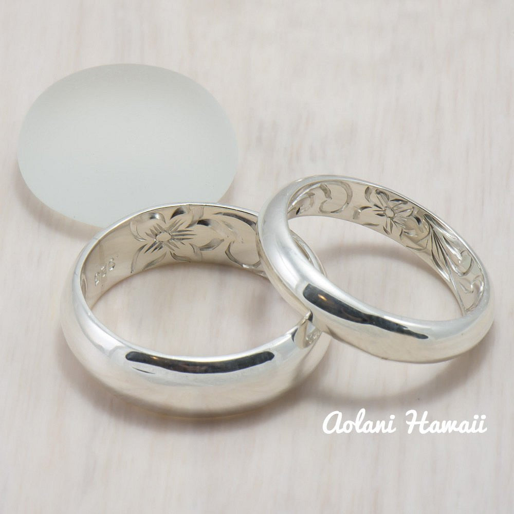 Set of Traditional Hawaiian Hand Engraved Sterling Silver Barrel Rings (4mm & 8mm width) - Aolani Hawaii - 1