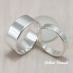 Silver Wedding Ring Set of Silver Flat Rings (4mm & 8mm width) - Aolani Hawaii - 1
