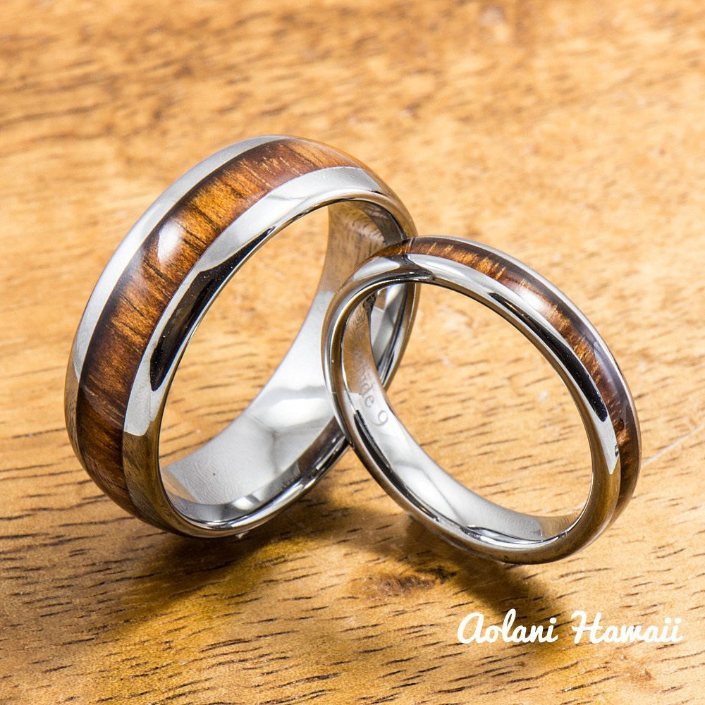 Wedding Band Set of Tungsten Rings with Hawaiian Koa Wood Inlay (4mm & 8mm width, Barrel Style) - Aolani Hawaii - 1