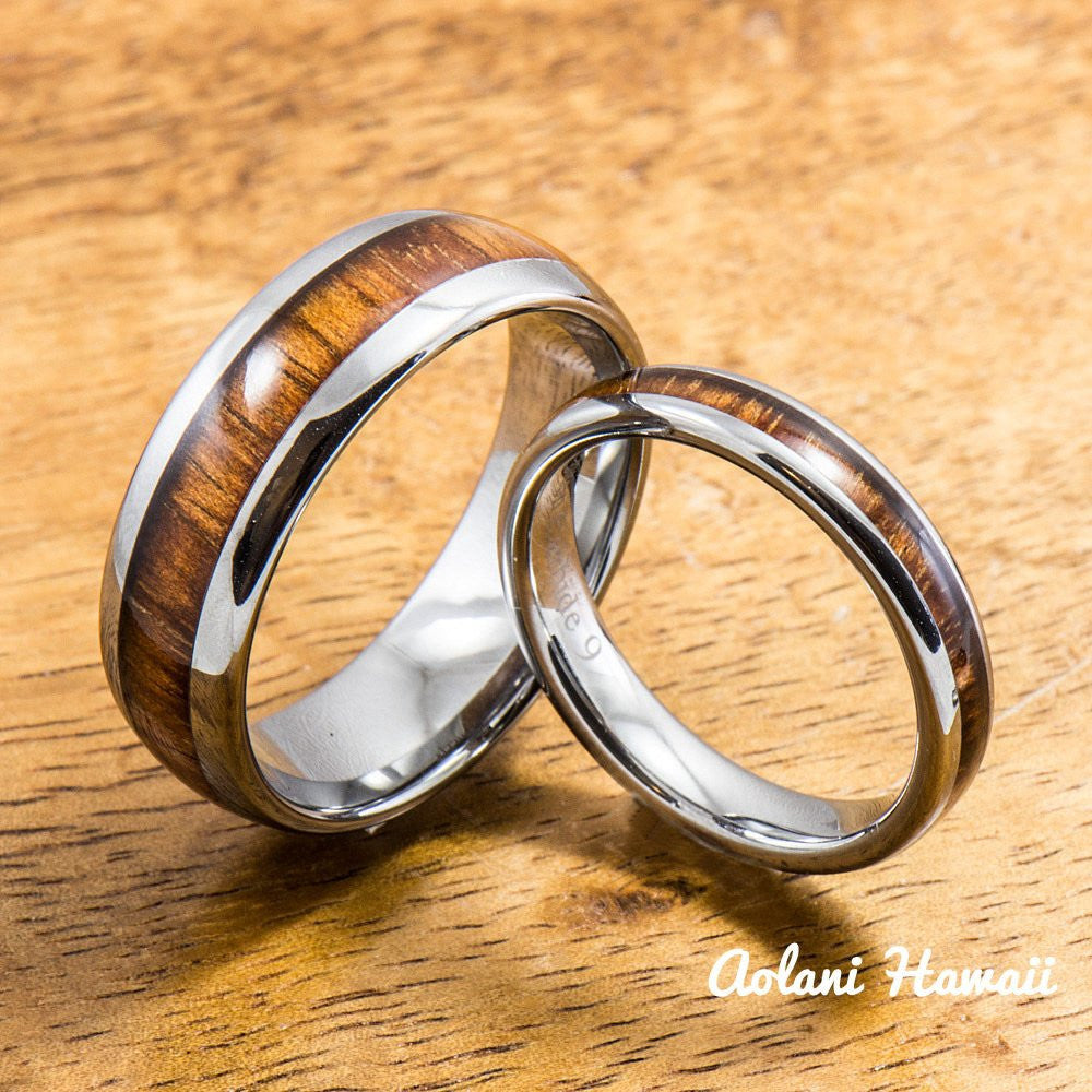 
            
                Load image into Gallery viewer, Wedding Band Set of Tungsten Rings with Hawaiian Koa Wood Inlay (4mm &amp;amp; 8mm width, Barrel Style) - Aolani Hawaii - 1
            
        