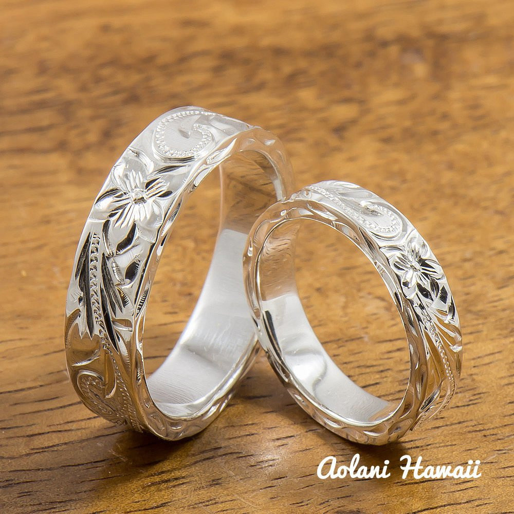 Silver Wedding Ring Set of Traditional Hawaiian Hand Engraved Sterling Silver Flat Rings (4mm & 6mm width) - Aolani Hawaii - 1