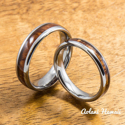 Wedding Band Set of Tungsten Rings with Hawaiian Koa Wood Inlay (4mm & 6mm width, Barrel Style) - Aolani Hawaii - 1