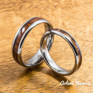 Wedding Band Set of Tungsten Rings with Hawaiian Koa Wood Inlay (4mm & 6mm width, Barrel Style) - Aolani Hawaii - 1