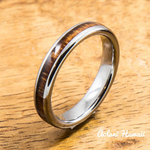Wedding Band Set of Tungsten Rings with Hawaiian Koa Wood Inlay (4mm & 8mm width, Barrel Style) - Aolani Hawaii - 3