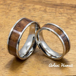 Wedding Band Set of Tungsten Rings with Hawaiian Koa Wood Inlay (6mm & 8mm width, Flat Style) - Aolani Hawaii - 1