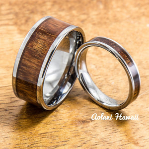 Wedding Band Set of Tungsten Rings with Hawaiian Koa Wood Inlay (4mm & 10mm width, Flat Style) - Aolani Hawaii - 1