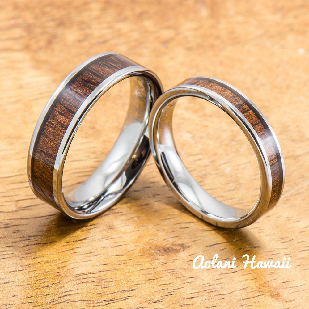 Wedding Band Set of Tungsten Rings with Hawaiian Koa Wood Inlay (4mm & 6mm width, Flat Style) - Aolani Hawaii - 1