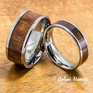 
            
                Load image into Gallery viewer, Wedding Band Set of Tungsten Rings with Hawaiian Koa Wood Inlay (6mm &amp;amp; 10mm width, Flat Style) - Aolani Hawaii - 1
            
        