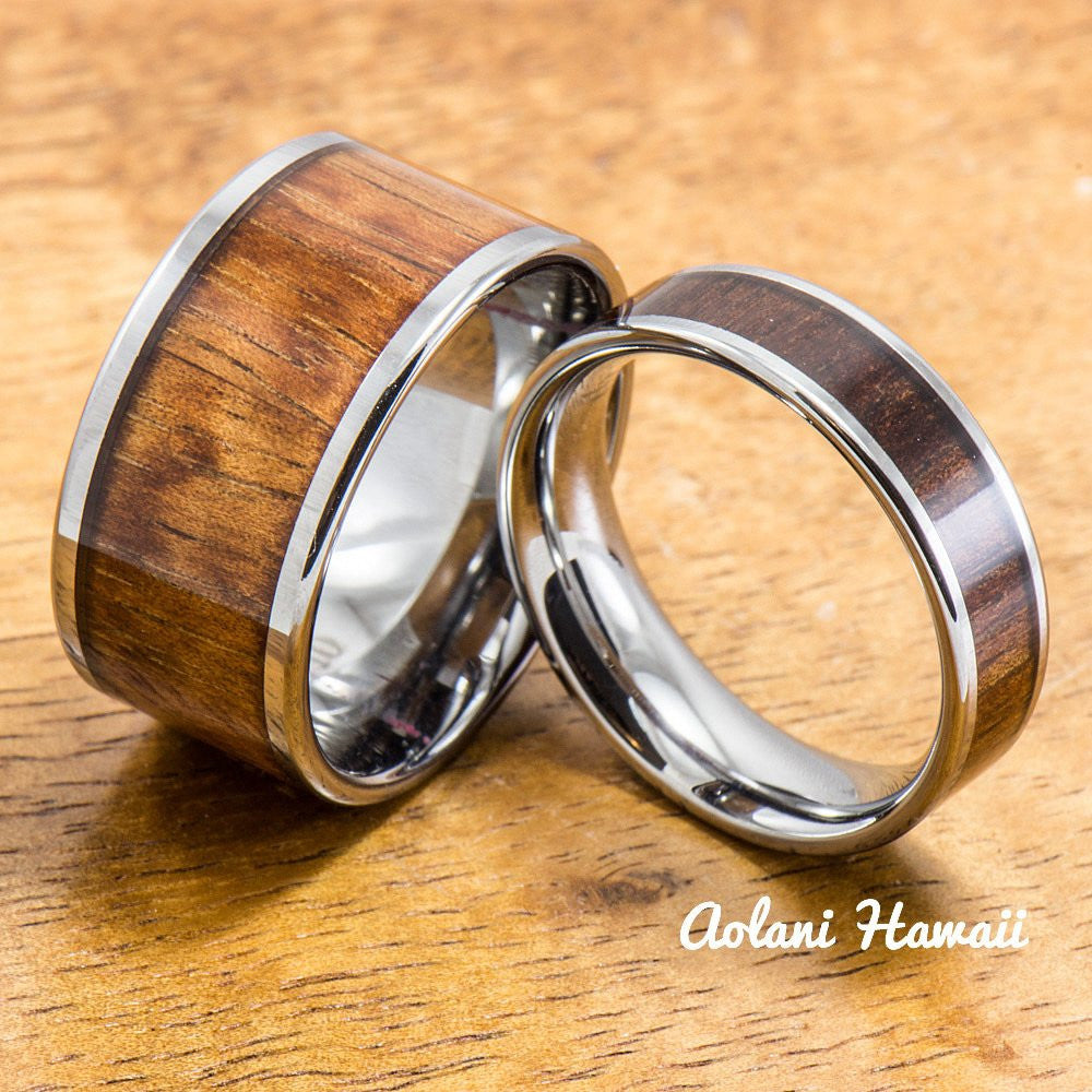 Wedding Band Set of Tungsten Rings with Hawaiian Koa Wood Inlay (6mm & 12mm width, Flat Style) - Aolani Hawaii - 1