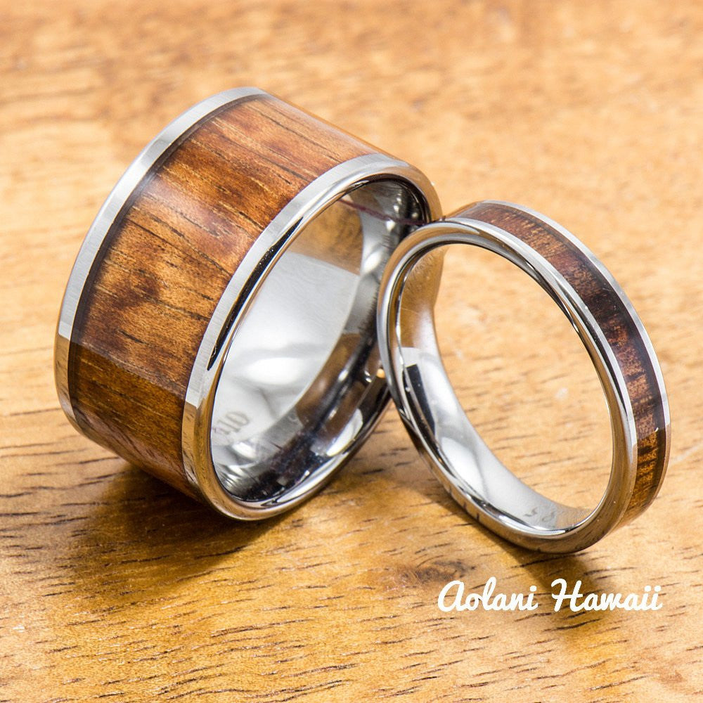 Wedding Band Set of Tungsten Rings with Hawaiian Koa Wood Inlay (4mm & 12mm width, Flat Style) - Aolani Hawaii - 1