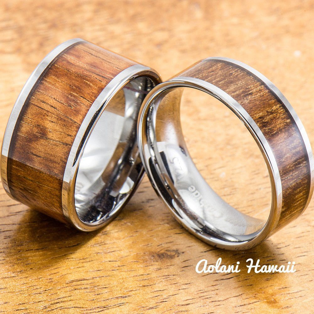 Wedding Band Set of Tungsten Rings with Hawaiian Koa Wood Inlay (8mm & 12mm width, Flat Style) - Aolani Hawaii - 1