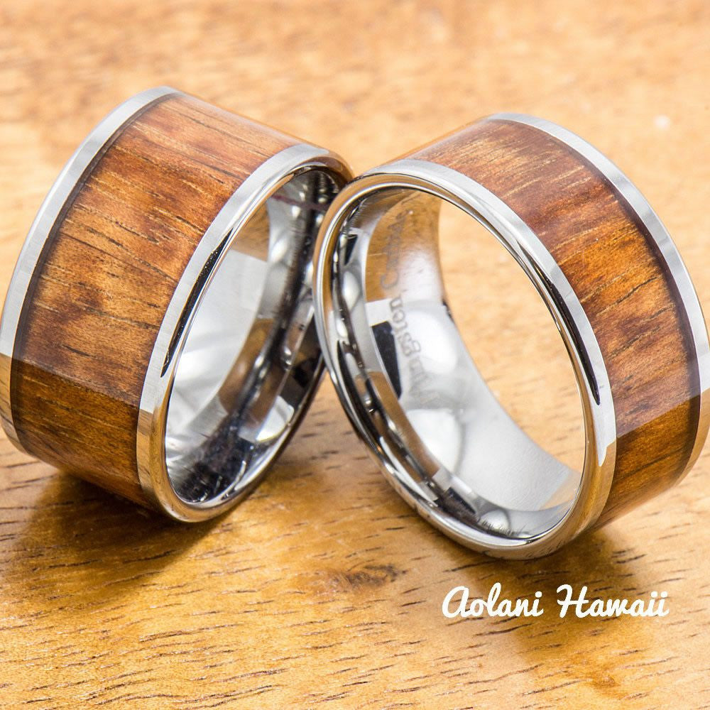 Wedding Band Set of Tungsten Rings with Hawaiian Koa Wood Inlay (10mm & 12mm width, Flat Style) - Aolani Hawaii - 1
