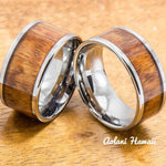Wedding Band Set of Tungsten Rings with Hawaiian Koa Wood Inlay (10mm & 12mm width, Flat Style) - Aolani Hawaii - 1