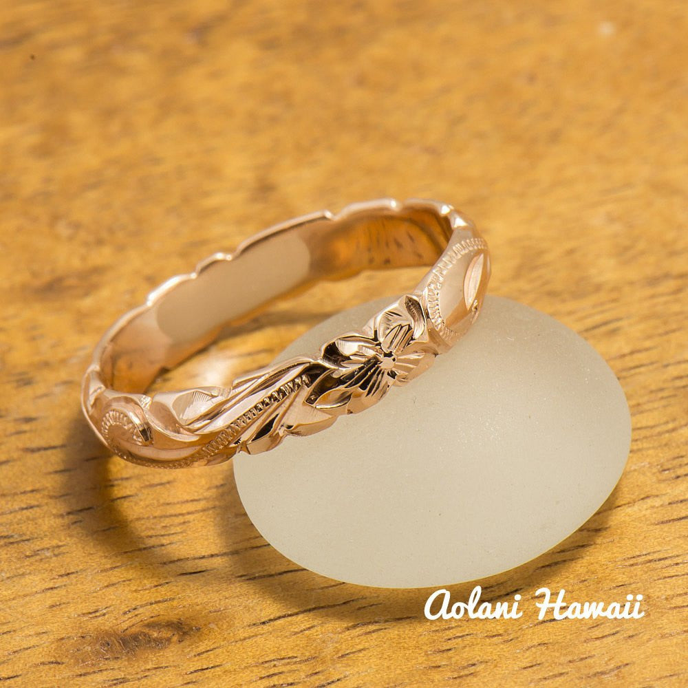 Gold wedding Ring Set of Traditional Hawaiian Hand Engraved 14k Pink Gold Barrel Rings (4mm & 6mm width) - Aolani Hawaii - 5