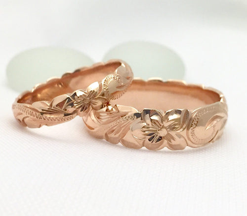 Gold wedding Ring Set of Traditional Hawaiian Hand Engraved 14k Pink Gold Barrel Rings (4mm & 6mm width) - Aolani Hawaii - 1