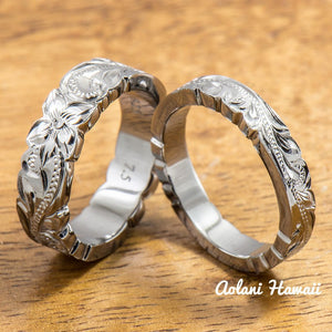 Set of Traditional Hawaiian Hand Engraved Sterling Silver Ring With Black Rhodium Coating(6mm & 4mm width, Flat Style) - Aolani Hawaii - 1