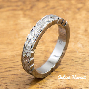 Set of Traditional Hawaiian Hand Engraved Sterling Silver Ring With Black Rhodium Coating(6mm & 4mm width, Flat Style) - Aolani Hawaii - 3