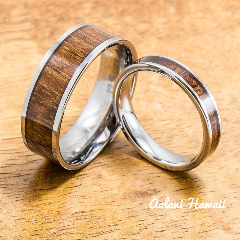 Wedding Band Set of Tungsten Rings with Hawaiian Koa Wood Inlay (4mm & 8mm width, Flat Style) - Aolani Hawaii - 1