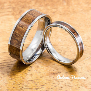 Wedding Band Set of Tungsten Rings with Hawaiian Koa Wood Inlay (4mm & 8mm width, Flat Style) - Aolani Hawaii - 1