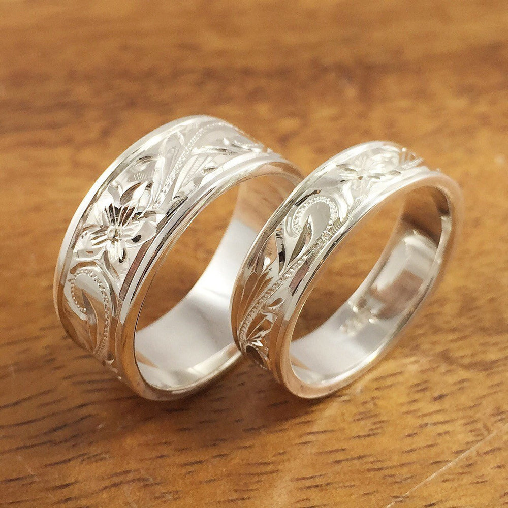 
            
                Load image into Gallery viewer, Silver Wedding Ring Set of Traditional Hawaiian Hand Engraved Sterling Silver Flat Rings (8mm &amp;amp; 6mm width) - Aolani Hawaii - 1
            
        
