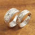 Silver Wedding Ring Set of Traditional Hawaiian Hand Engraved Sterling Silver Flat Rings (8mm & 6mm width) - Aolani Hawaii - 1