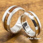 Sterling Silver Wedding Band Set with Koa Wood Inlay (6mm - 8mm Width Barrel Style) - Aolani Hawaii - 1