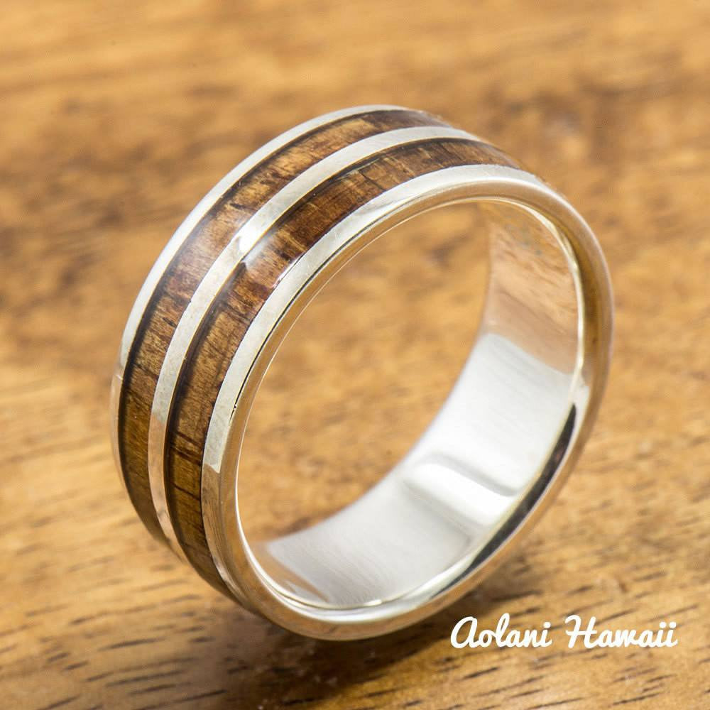 Sterling Silver Wedding Band Set with Koa Wood Inlay (6mm - 8mm Width Barrel Style) - Aolani Hawaii - 2