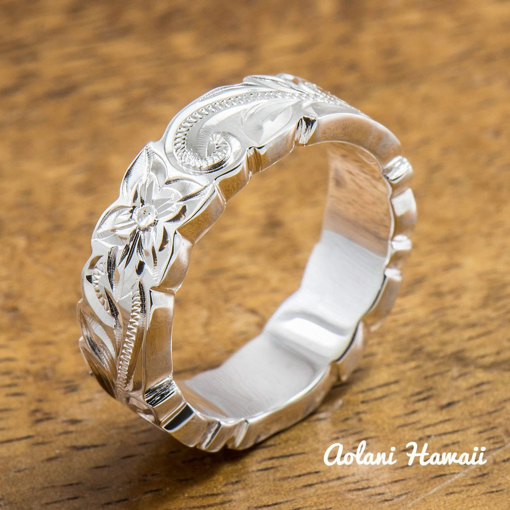 
            
                Load image into Gallery viewer, Set of Traditional Hawaiian Hand Engraved Sterling Silver Ring (6mm &amp;amp; 8mm width, Flat Style) - Aolani Hawaii - 3
            
        