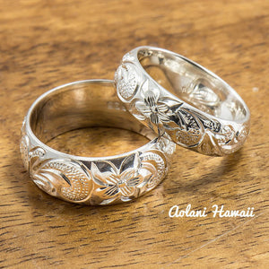 Silver Wedding Ring Set of Traditional Hawaiian Hand Engraved Sterling Silver Rings (8mm & 6mm width Barrel Style) - Aolani Hawaii - 1