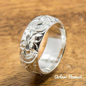 Silver Wedding Ring Set of Traditional Hawaiian Hand Engraved Sterling Silver Rings (8mm & 6mm width Barrel Style) - Aolani Hawaii - 2
