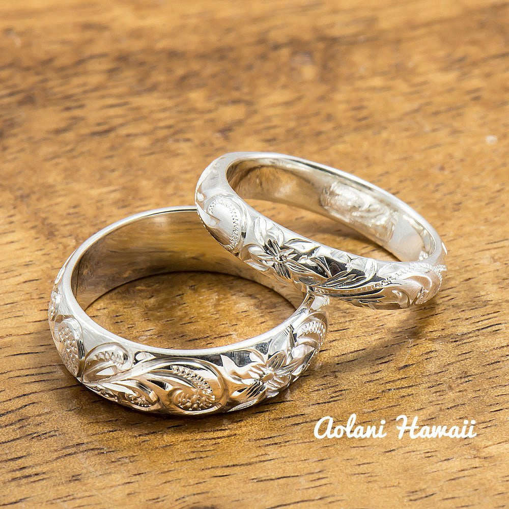 Set of Traditional Hawaiian Hand Engraved Sterling Silver Barrel Rings (4mm & 6mm width) - Aolani Hawaii - 1