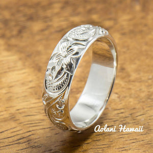Silver Wedding Ring Set of Traditional Hawaiian Hand Engraved Sterling Silver Rings (8mm & 6mm width Barrel Style) - Aolani Hawaii - 3