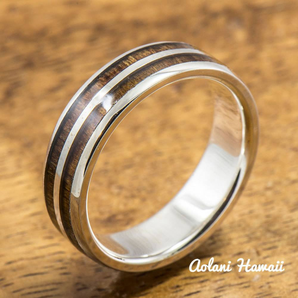 Sterling Silver Wedding Band Set with Koa Wood Inlay (6mm - 8mm Width Barrel Style) - Aolani Hawaii - 3