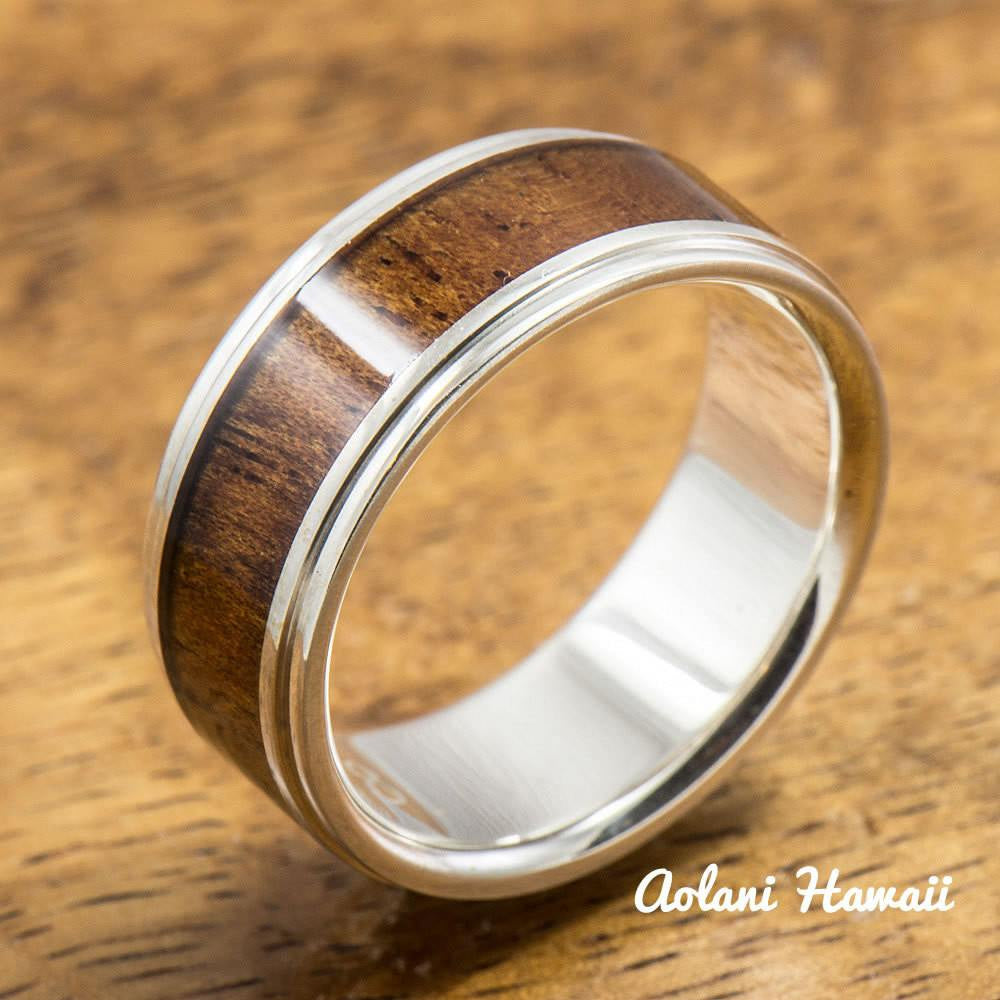 
            
                Load image into Gallery viewer, Sterling Silver Wedding Band Set with Koa Wood Inlay (6mm - 8mm Width Barrel Style) - Aolani Hawaii - 2
            
        