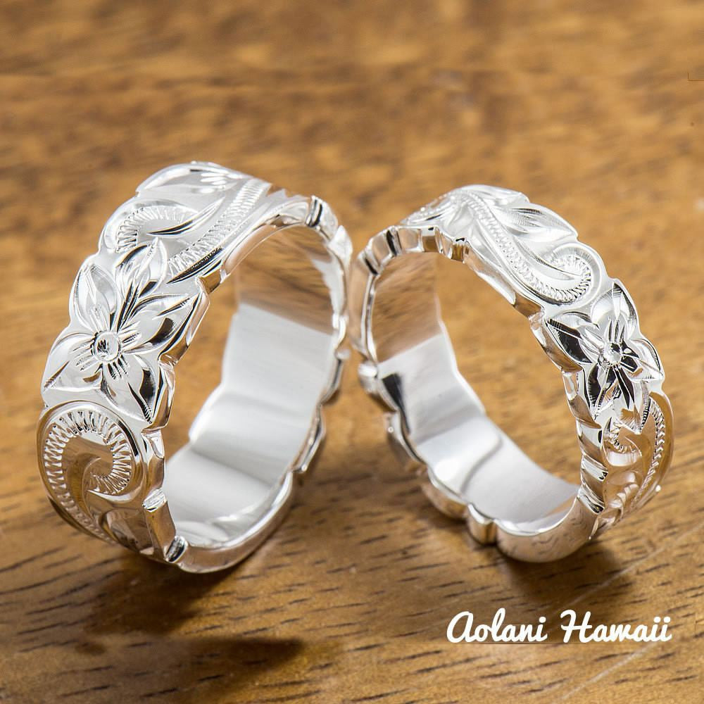 
            
                Load image into Gallery viewer, Set of Traditional Hawaiian Hand Engraved Sterling Silver Ring (6mm &amp;amp; 8mm width, Flat Style) - Aolani Hawaii - 1
            
        