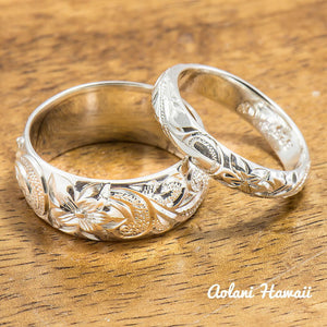 Sterling Silver Ring Set, Set of Traditional Hawaiian Hand Engraved Sterling Silver Barrel Rings (4mm & 8mm width) - Aolani Hawaii - 1