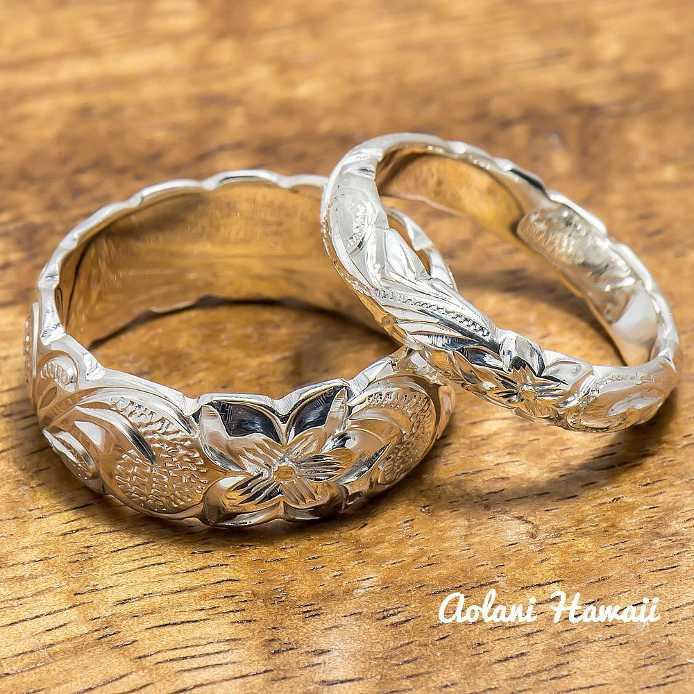 Sterling Silver Ring Set, Set of Traditional Hawaiian Hand Engraved Sterling Silver Barrel Rings (4mm & 8mm width) - Aolani Hawaii - 1