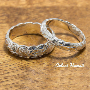 Set of Traditional Hawaiian Hand Engraved Sterling Silver Barrel Rings (4mm & 6mm width) - Aolani Hawaii - 1