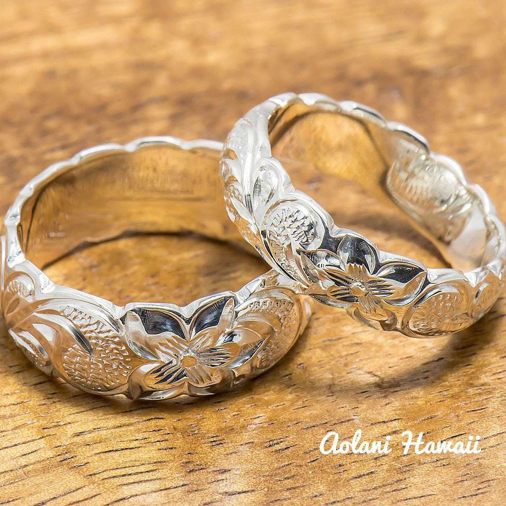 Sterling Silver Ring Set, Set of Traditional Hawaiian Hand Engraved Sterling Silver Barrel Rings (6mm & 8mm width) - Aolani Hawaii - 1