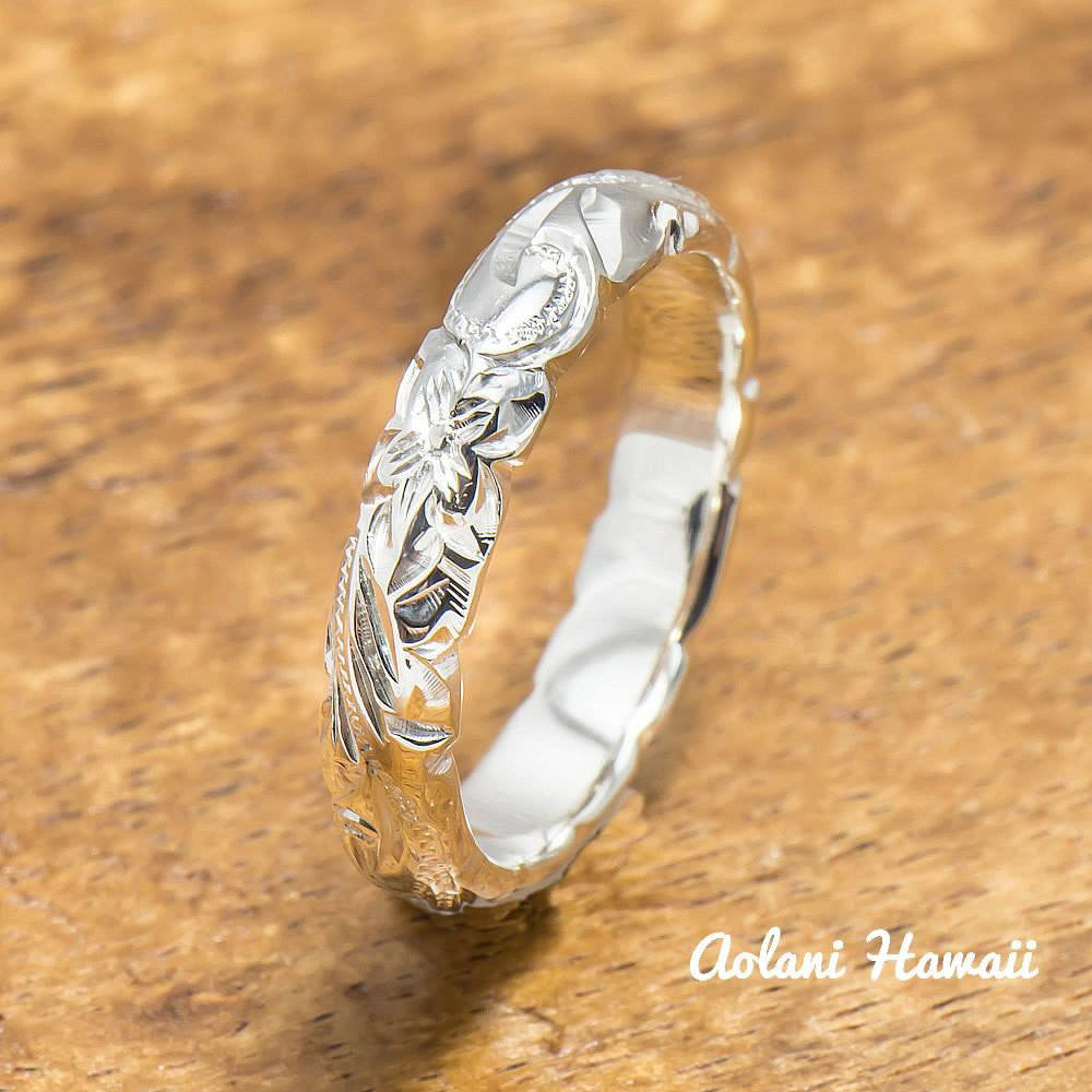 Sterling Silver Ring Set, Set of Traditional Hawaiian Hand Engraved Sterling Silver Barrel Rings (4mm & 8mm width) - Aolani Hawaii - 3